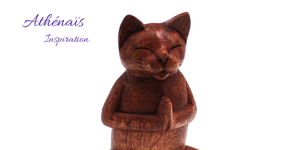 Athenais Jewelry & Art Lifestyle Collection, Inspiration, Energy, Balance, Home Decor, Meditation Cat, Wood Sculpture, Athenais Jewelry