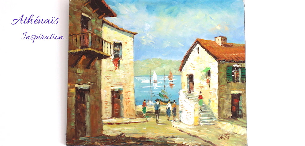 Vintage Landscape painting by the sea, vintage original painting medieval seaside village, home decor, Athenais Jewelry & Art Lifestyle Collection