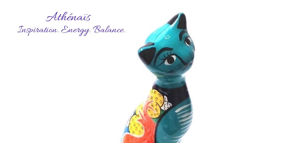 Turquoise Talavera Cat Pottery Sculpture from Mexico, vintage folkart, artisan sculpture collectibles for cat lovers, home decor Athenais Jewelry and Art