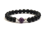 Purple  Amethyst Gemstone Chakra Healing Crystals Chakra Bracelet with sterling Silver Beads, Matte Black Onyx stones beaded bracelet, mala bracelet, worry beads bracelet, healing bracelet, crown chakra, base chakra crystals, Mother's Day gift, Athenais Jewelry, Athenais Emporium