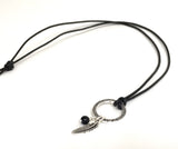 chakra necklace handmade one of a kind jewelry Infinity circle pendant onyx gemstone charm feather charm on adjustable long black rope leather necklace by Athenais Jewlery and Art, base chakra necklace healing crystals love success protection happiness gift for her boho jewelry 
