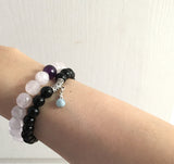 Onyx bracelet with aquamarine gemstone sterling silver charm mala bracelet, Rose quartz and amethyst chakra healing crystals bracelet
