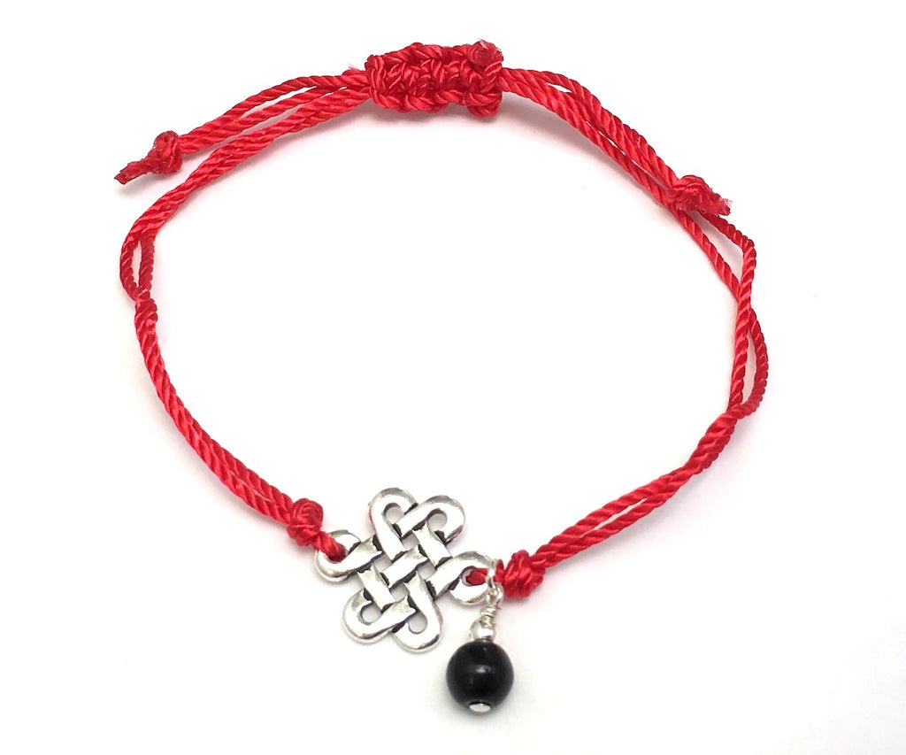 Red String Bracelet, Obsidian & Celtic Infinity Love Knot Silver