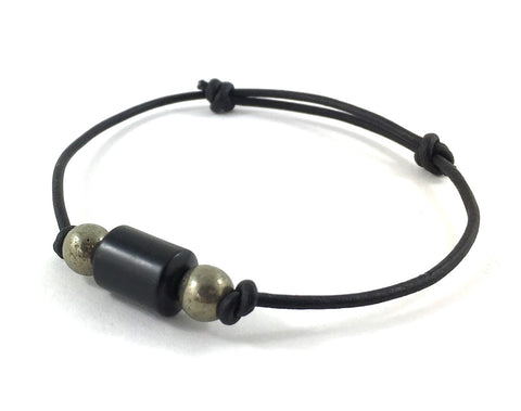 Matte onyx and pyrites chakra healing crystals leather bracelet, Athenais Emporium, Athenais Jewelry for men, women, couples, strength protection, talisman jewelry