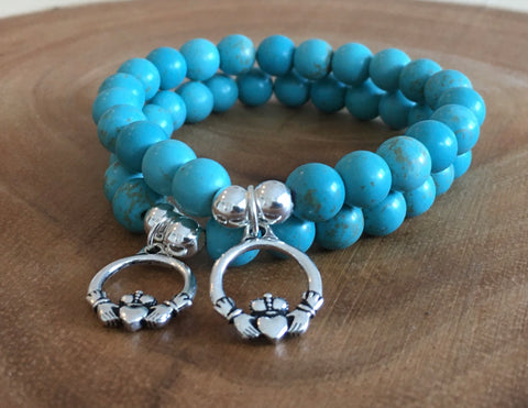 Claddagh Charm Bracelet Turquoise Magnesite Gemstone  Bracelet, Love, Friendship Loyalty  Celtic Jewelry, Irish Jewelry, Scottish Symbol Mala Bracelet