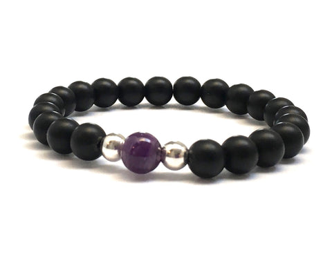 Ultra Violet Amethyst Gemstone Chakra Healing Crystals Chakra Bracelet with sterling Silver Beads, Matte Onyx stones beaded bracelet, mala bracelet, worry beads bracelet, healing bracelet, crown chakra, base chakra crystals, Mother's Day gift, wedding accessories, Athenais Jewelry, Athenais Emporium