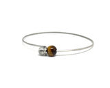 Minimalist style Silver plated  Bangle with tiger eye stones and initial charm, light stacking bracelet, chakra healing stone bracelet