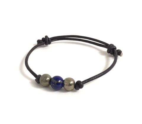 Dark blue lapis lazuli gemstones and pyrite stones adjustable leather bracelet, anklet with add on sterling silver heart charm for friendship, intuition, balance, energy bracelet