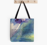 wearable art, poetry, romantic poem,  the poem "She walks in beauty like the night" printed on an original painting