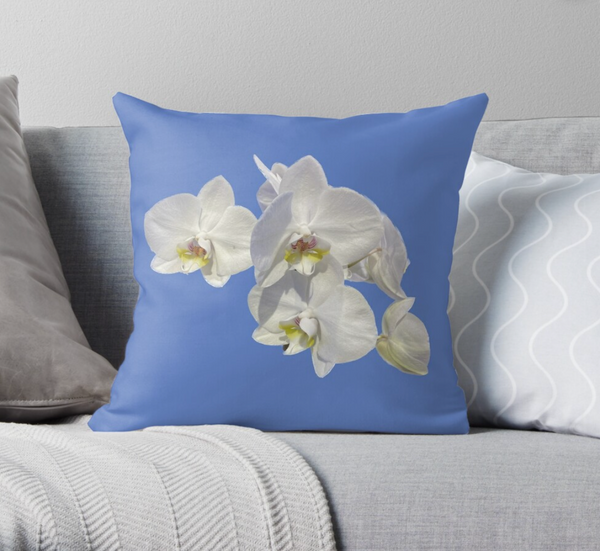 White Orchids Cornflower Blue throw pillow cushion, original phot design, OFAK unique home decor gifts, tropic plant flowers love and appreciation, Athenais Jewelry and Art