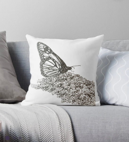 Monarch butterfly accent cushion , original art pillow case, black and white sketch of Martha Vineyard Butterfly