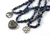 Lapis lazuli necklace lanyard with tree of life pendant, four seasons pendant and filigree heart pendant, bohemian jewelry