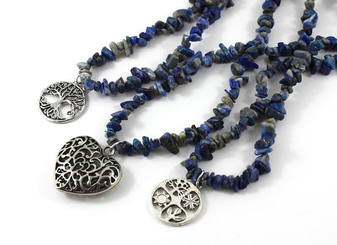 Lapis lazuli necklace lanyard with tree of life pendant, four seasons pendant and filigree heart pendant, bohemian jewelry