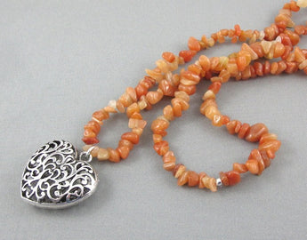 Romantic filigree puffy heart pendant burnt orange avneturine gemstones mile long necklace fertility chakra healing crystals jewelry 