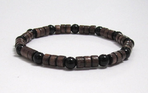 Men Brown Wood Beaded Bracelet with Onyx Stones