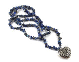 Blue Lapis lazuli necklace lanyard with filigree heart pendant, chakra healing crystals necklace