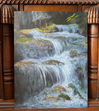 streams small waterfalls painting, original landscape nature painting of rocks and water rushing down, fwater flows over and between rocks, beauty of nature