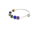 Rainbow gemstones Minimalist Silver Bangle with gemstones and initial charm, light stacking bracelet, chakra healing stone bracelet