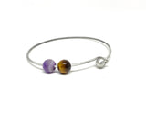 Tiger Eye, Amethyst Stone Silver Bangle with your choice of gemstones and initial charm, Talisman Protection jewelry light stacking bracelet, chakra healing stone bracelet