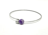 Minimalist Silver Bangle with amethyst gemstones and initial charm, light stacking bracelet, chakra healing stone bracelet