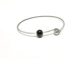Obsidian bangle bracelet, Minimalist Jewelry Silver Bangle with gemstones and initial charm, light stacking bracelet, protection, strength chakra healing stone bracelet