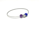 Amethyst and Lapis Lazuli Minimalist Silver Bangle with gemstones and initial charm, light stacking bracelet, chakra healing stone bracelet