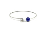Lapis Lazuli stone Silver Bangle with gemstones and initial alphabet silver charm, light stacking bracelet, chakra healing stone bracelet