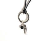 Infinity circle pendant onyx gemstone charm feather charm on adjustable long black rope leather necklace by Athenais Jewlery and Art, choker necklace, long necklace base chakra necklace healing crystals love success protection happiness gift for her boho jewelry 
