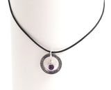 Collar necklace with Happiness infinity circle pendant amethyst sterling silver charm dangle adjustable leather rope necklace, choker necklace. long necklace. chakra healing crystal necklace, calming focus chakra stone jewelry gift