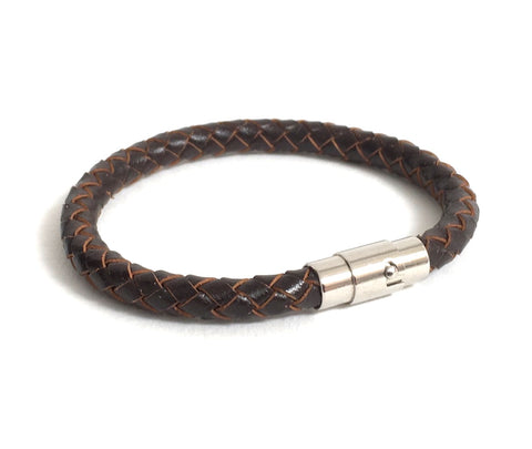 Stylish Rich Dark Brown Braided Borolo Leather Bracelet with swivel lock magnetic lock Athenais Jewelry.  