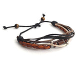 Braided leather and wax cords bracelet with metal beads, wood beads and tiger's eyes gemstones, chakra healing crystals bracelet, bohemian bracelet, couples bracelets