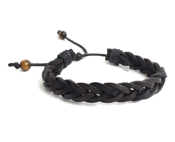 Tiger and Leather Bracelet, Braided Black and Dark brown Leather Bracelet with Tiger's Eyes Stones 