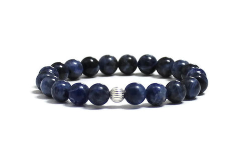 Royal blue sodalite gemstone bracelet with bali sterling silver bead chakra mala beads bracelet, healing crystals