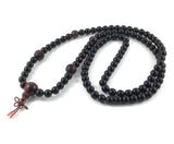 108 Obsidians Japa Mala Necklace with Red Tiger Eyes and Engraved Buddhist Wood Beads