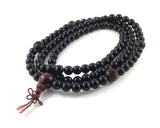 108 Black Obsidians Japa Mala Necklace with Red Tiger Eyes and Engraved Buddhist Wood Beads