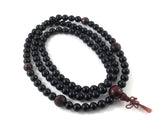 Black Obsidians Japa 108 Mala Necklace with Red Tiger Eyes and Engraved Buddhist Wood Beads for Meditation Prayer
