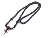 Obsidians Japa 108 Mala Necklace with Red Tiger Eyes and Engraved Buddhist Wood Beads for Meditation Prayer