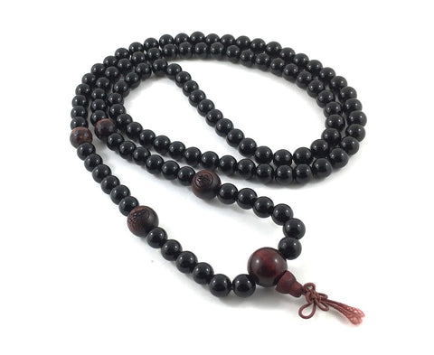 108 Obsidians Japa Mala with Red Tiger Eyes and Engraved Buddhist Wood Beads for Zen Meditation, Prayer Worry Beads