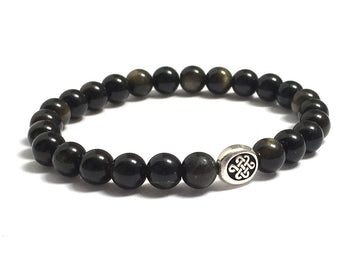 Black obsidian chakra healing gemstones stretch bracelet with Celtic knot symbol silver bead for love, infinity, longevity, luck, love, protection.