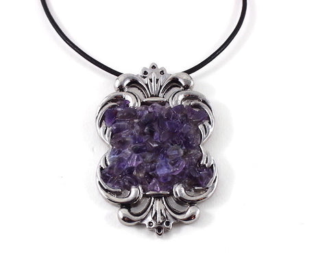 Druzy Deep Purple Amethyst Stones Scroll Pendant on Adjustable Black Leather Rope Necklace
