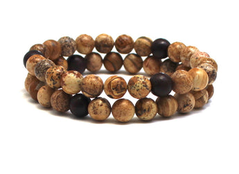 Mala Beaded Bracelet with Picture Jasper Stones and Brown Wood Beads