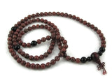 Long mala beads necklace with red jasper and obsidians chakra healing gemstones, Buddhist wood bead, meditation prayer beads, inspirational, protection, calming balance focus