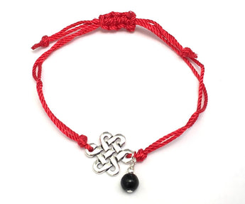 Good Luck Red Silk String Bracelet with Obsidian Sterling Silver Charm and Celtic Endless Love Knot Pendant Gift for Couples, Protection, Promise Bracelet, String of Fate 