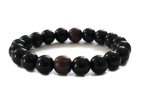 Black Onyx healing crystals base chakra gemstones mala bracelet with rosewood wood beads, men beaded bracelet for meditation, fashion, prayer, focus and stress relieve