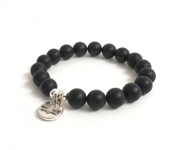 lotus charm matte onyx mala beads bracelet with sterling silver beads and lotus charm, chakra healing crystals for protection, balance strength good fortune,. gift for men, gift for women