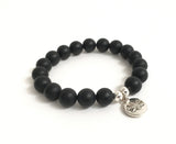 chakra bracelet , gemstone jewelry, lotus charm matte onyx mala beads bracelet with sterling silver beads and lotus charm, balance strength good fortune,. gift for men, gift for women