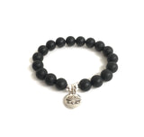 lotus flower charm bracelet, matte onyx mala beads chakra healing bracelet with sterling silver beads and lotus charm, balance strength good fortune,. gift for men, gift for women