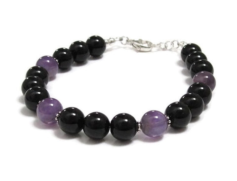 Purple Amethyst & Onyx Chakra Healing Stones Bali Sterling Silver Bracelet 