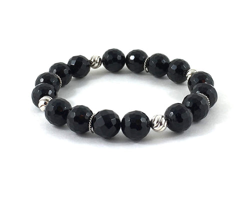 Black onyx beaded bracelet with sterling silver beads and rings, mala bracelet chakra mala beads for meditation, base chakra 