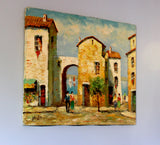 Bygone Days, original landscape painting , Athenais Jewelry and Art, Oil Painting idyllic life in a medieval town 